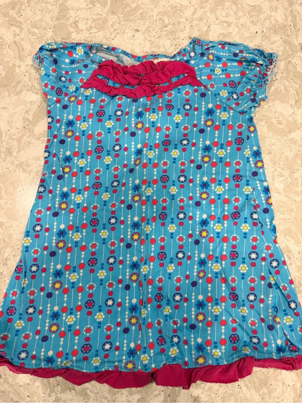 Girls' Blue Floral Stripe Tunic with Pink Trim